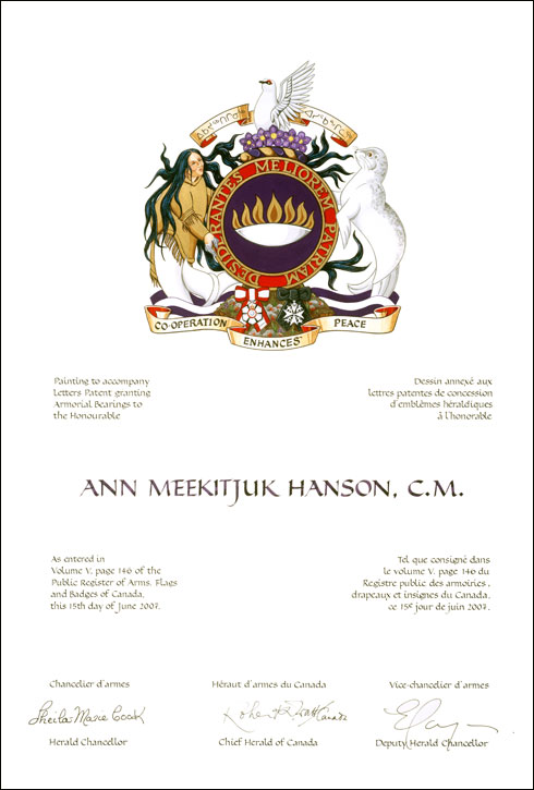Letters patent granting heraldic emblems to Ann Meekitjuk Hanson