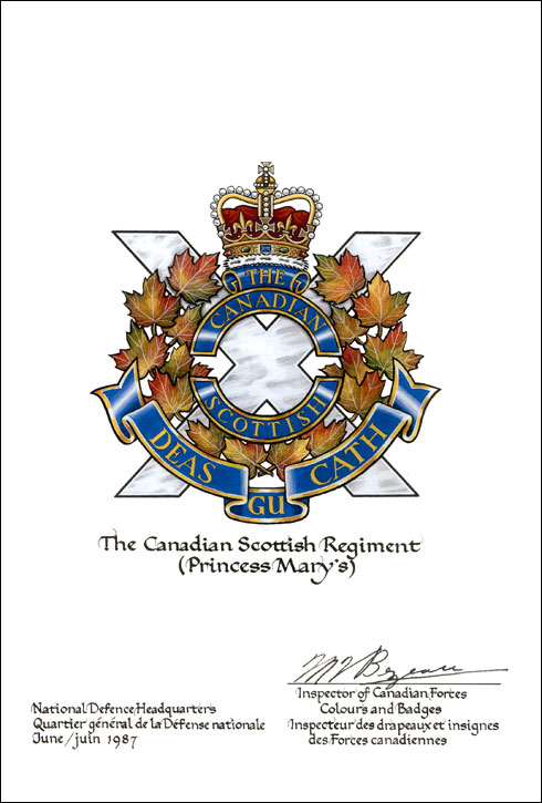 Lettres patentes confirmant le blasonnement de l'insigne de The Canadian Scottish Regiment (Princess Mary’s)