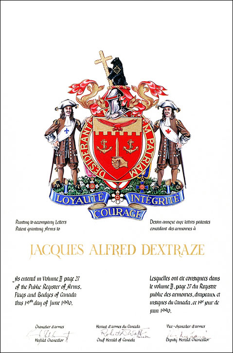 Letters patent granting heraldic emblems to Jacques Alfred Dextraze