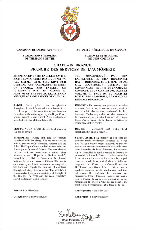 Lettres patentes approuvant l'insigne de la Branche des services de l'aumônerie