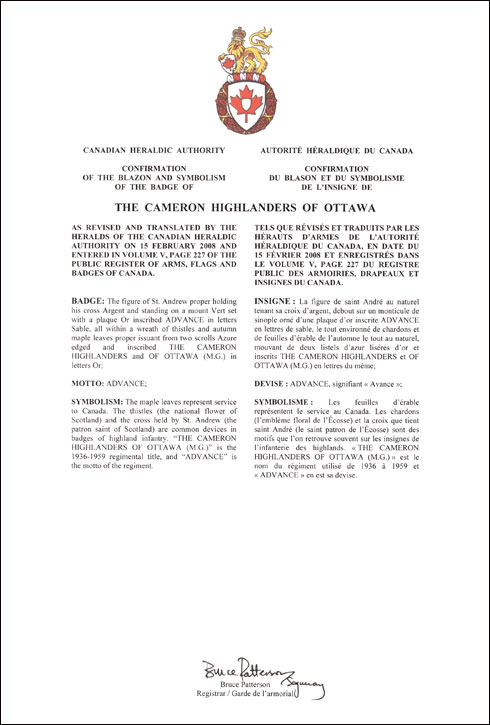 Letters patent confirming the blazon of the Badge of The Cameron Highlanders of Ottawa