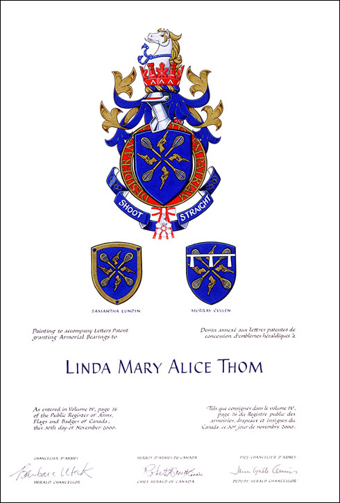 Lettres patentes concédant des emblèmes héraldiques à Linda Mary Alice Thom