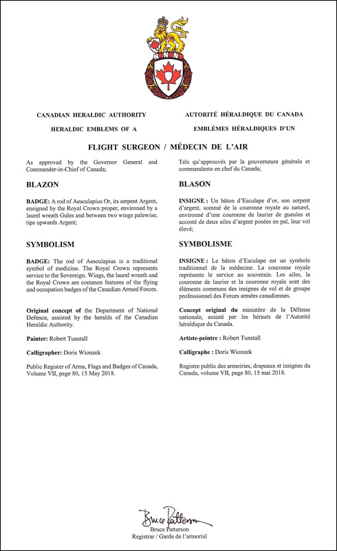 Letters patent approving the heraldic emblems of a Flight Surgeon of the Canadian Armed Forces