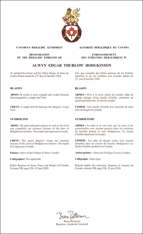 Letters patent registering the heraldic emblems of Alwyn Edgar Thurlow Hodgkinson