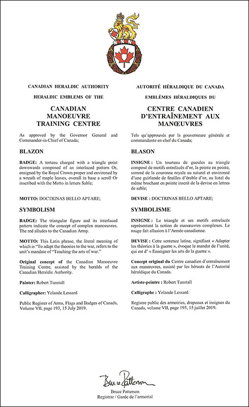 Letters patent approving the heraldic emblems of the Canadian Manoeuvre Training Centre