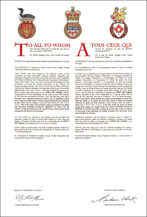 Letters patent granting heraldic emblems to the Town of Taber
