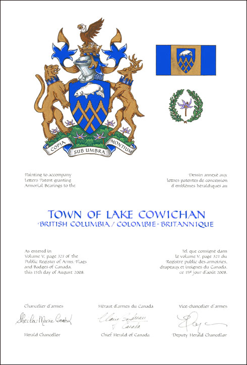 Letters patent granting heraldic emblems to the Town of Lake Cowichan