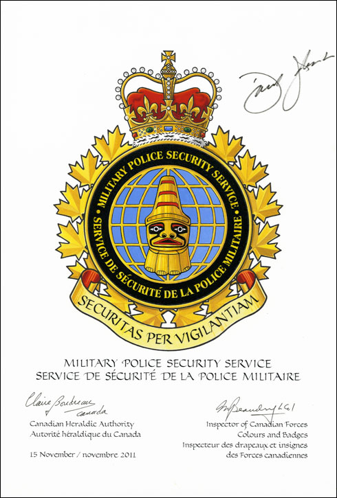 Lettres patentes approuvant l'insigne du Service de securité de la police militaire
