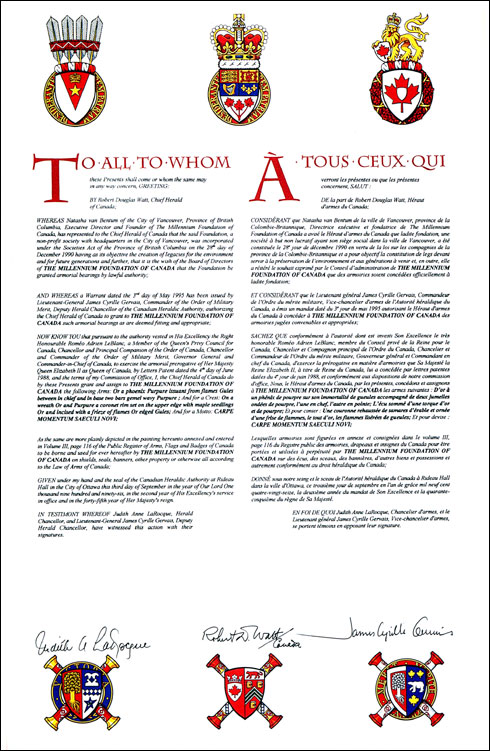 Letters patent granting heraldic emblems to The Millennium Foundation of Canada