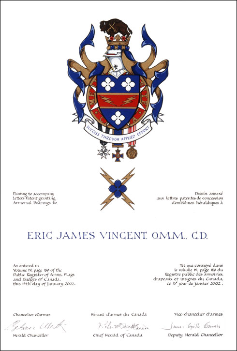 Lettres patentes concédant des emblèmes héraldiques à Eric James Vincent