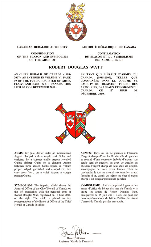 Lettres patentes confirmant les armoiries parties d’office de Robert Douglas Watt en tant que Héraut d'armes du Canada