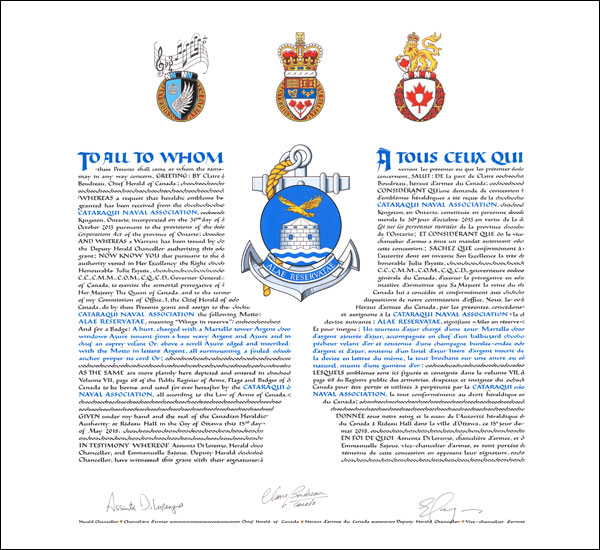 Lettres patentes concédant des emblèmes héraldiques à la Cataraqui Naval Association