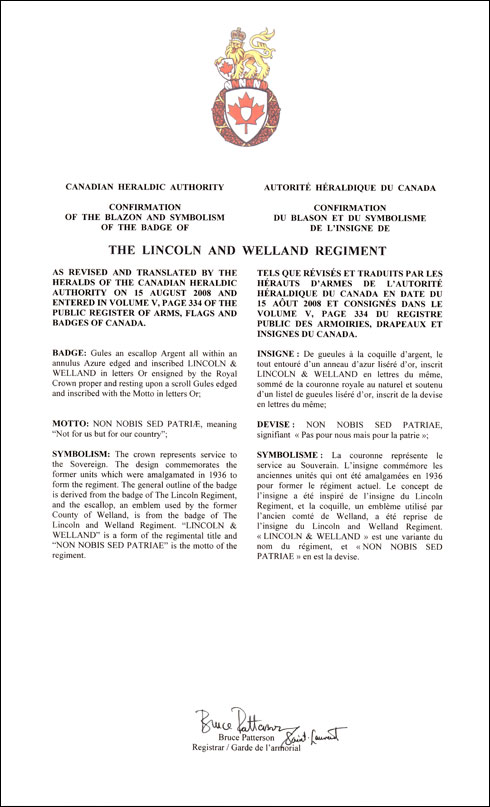 Letters patent confirming the blazon of the Badge of The Lincoln and Welland Regiment