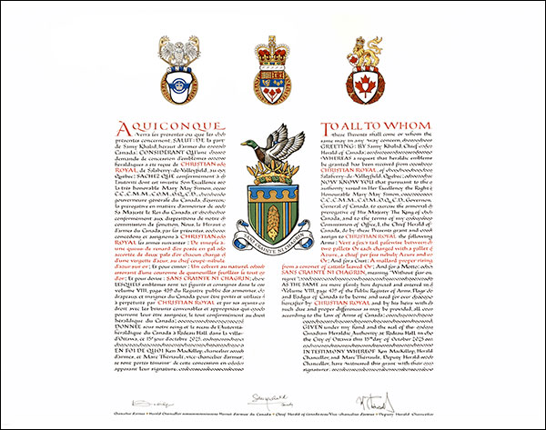 Lettres patentes concédant des emblèmes héraldiques à Christian Royal