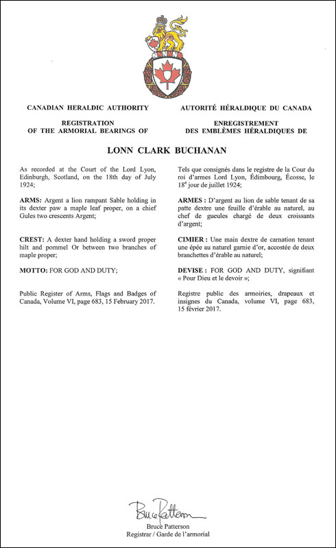 Lettres patentes enregistrant les emblèmes héraldiques de Lonn Clark Buchanan