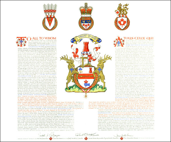 Lettres patentes concédant des emblèmes héraldiques à Alan Aylesworth Macnaughton