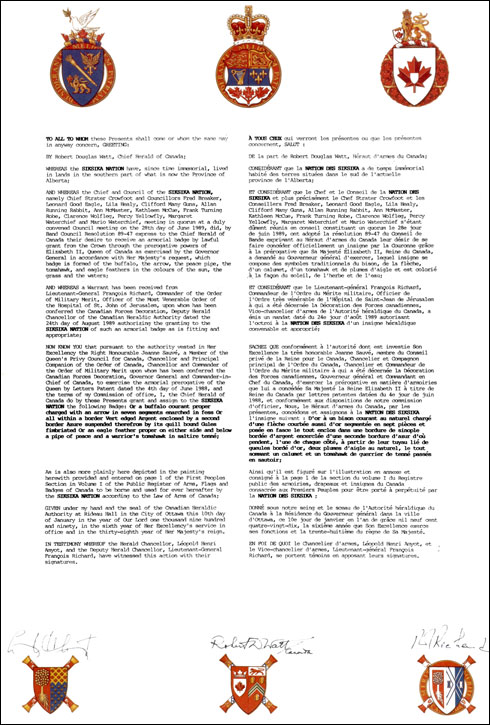 Letters patent granting a Badge to the Siksika Nation