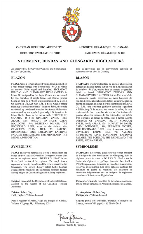 Lettres patentes approuvant les emblèmes héraldiques du Stormont, Dundas and Glengarry Highlanders
