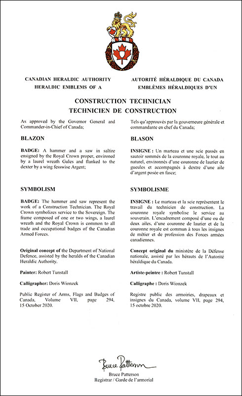 Lettres patentes approuvant les emblèmes héraldiques du Technicien de construction de l’Aviation royale canadienne