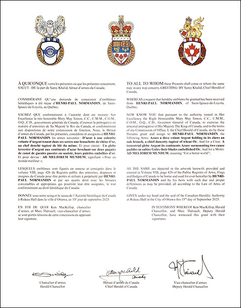Lettres patentes concédant des emblèmes héraldiques à Henri-Paul Normandin