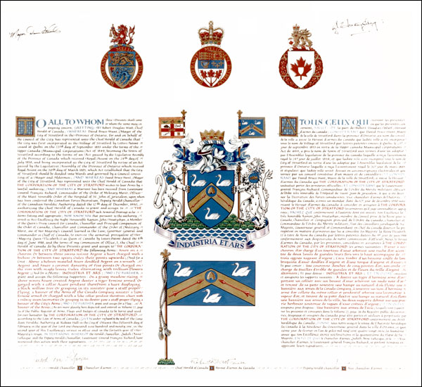 Letters patent granting heraldic emblems to The Corporation of the City of Stratford