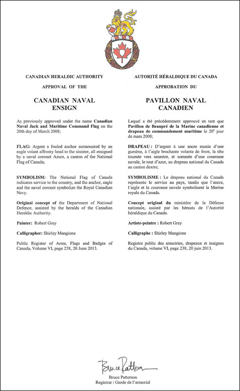 Lettres patentes approuvant le drapeau du Pavillon naval canadien