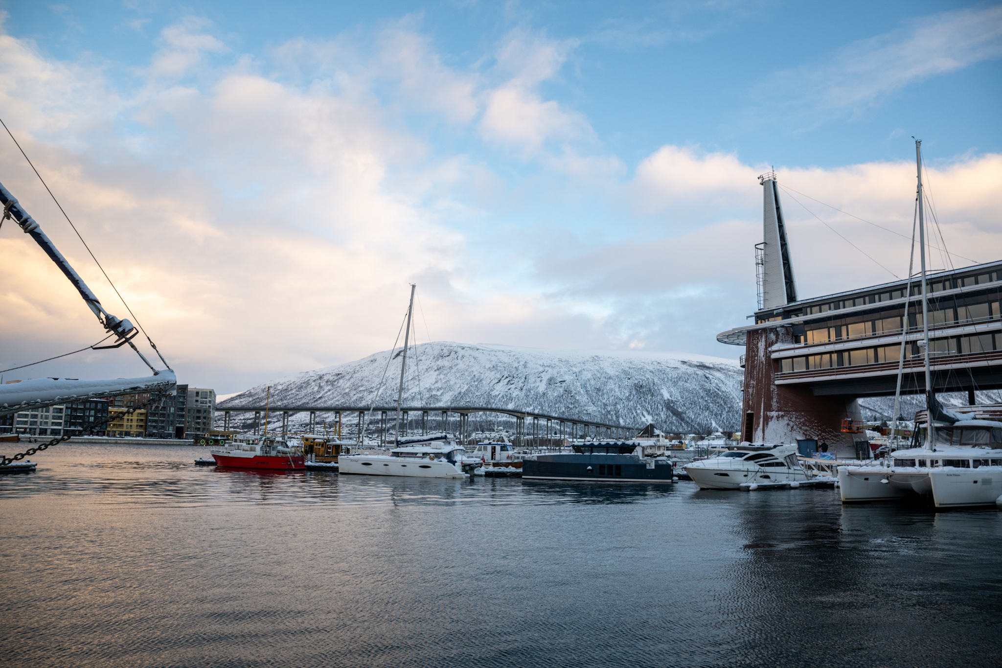 Several boats and yachts are docked in a harbour with modern buildings and a snowy mountain in the background under a partly cloudy sky.