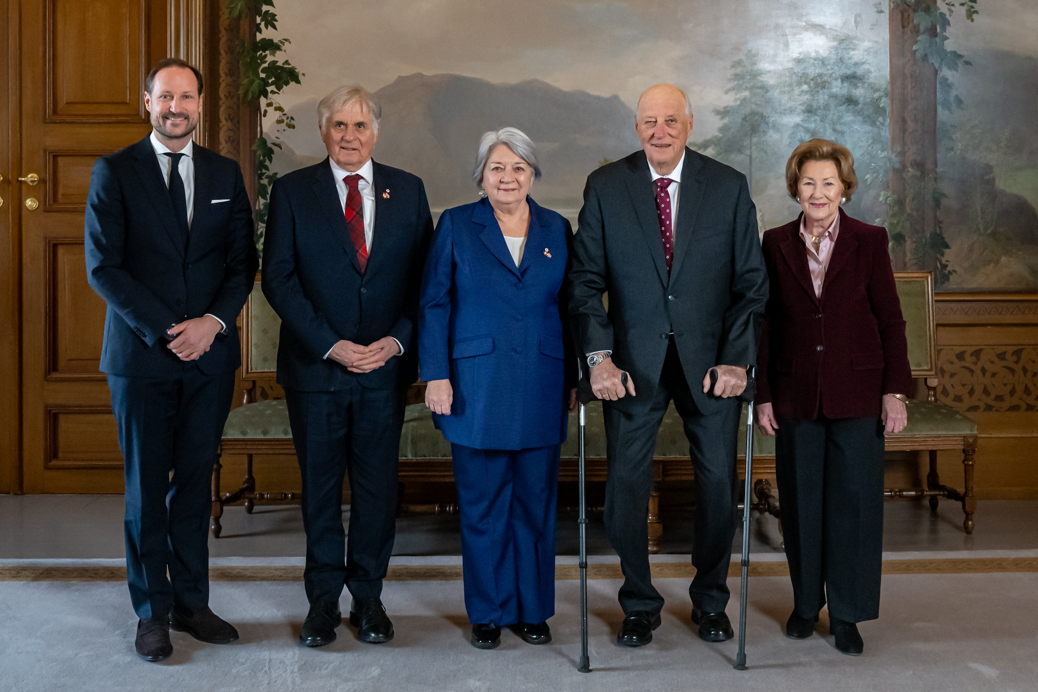 From left, Norway's Crown Prince Haakon, Mr. Whit Fraser, Governor General Mary Simon, King Harald and Queen Sonja in audience at the Norwegian Palace in Oslo.