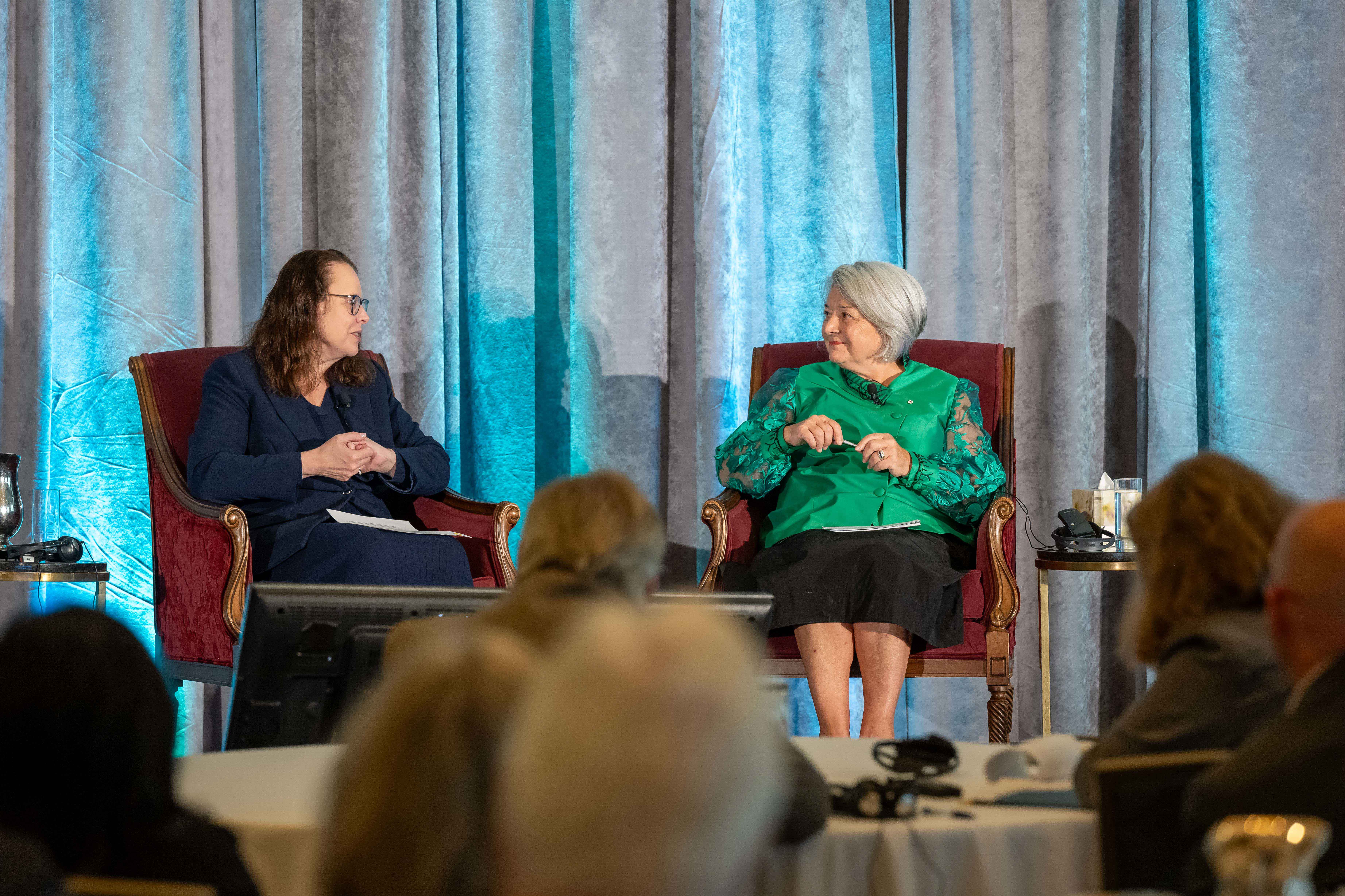 Governor General Marie Simon sits and answers questions