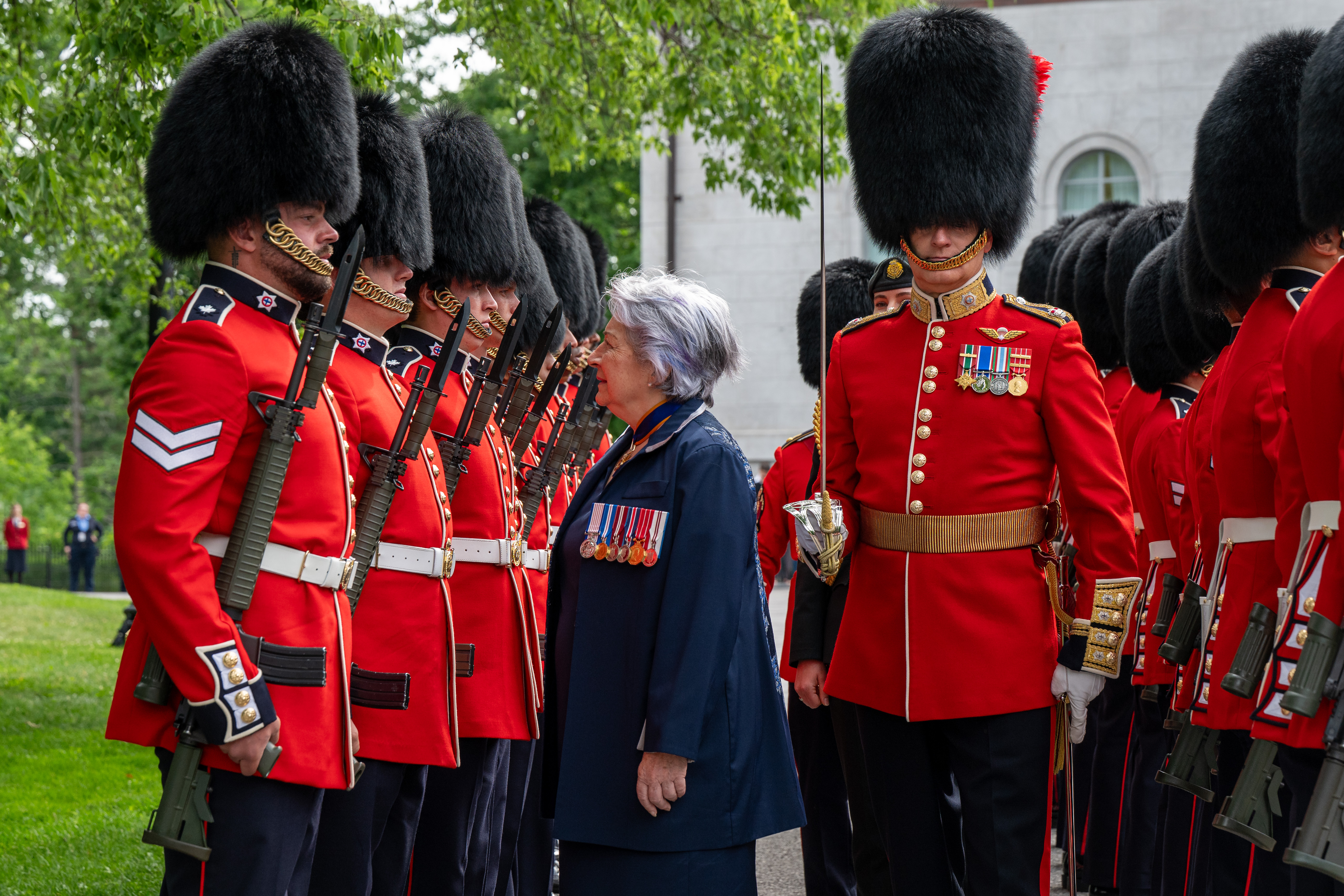 Governor General Mary Simon conducting the Annual Inspection of the Ceremonial Guard.