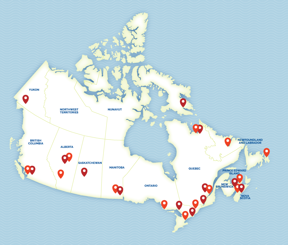 Map of Canada with pin points marking different places.