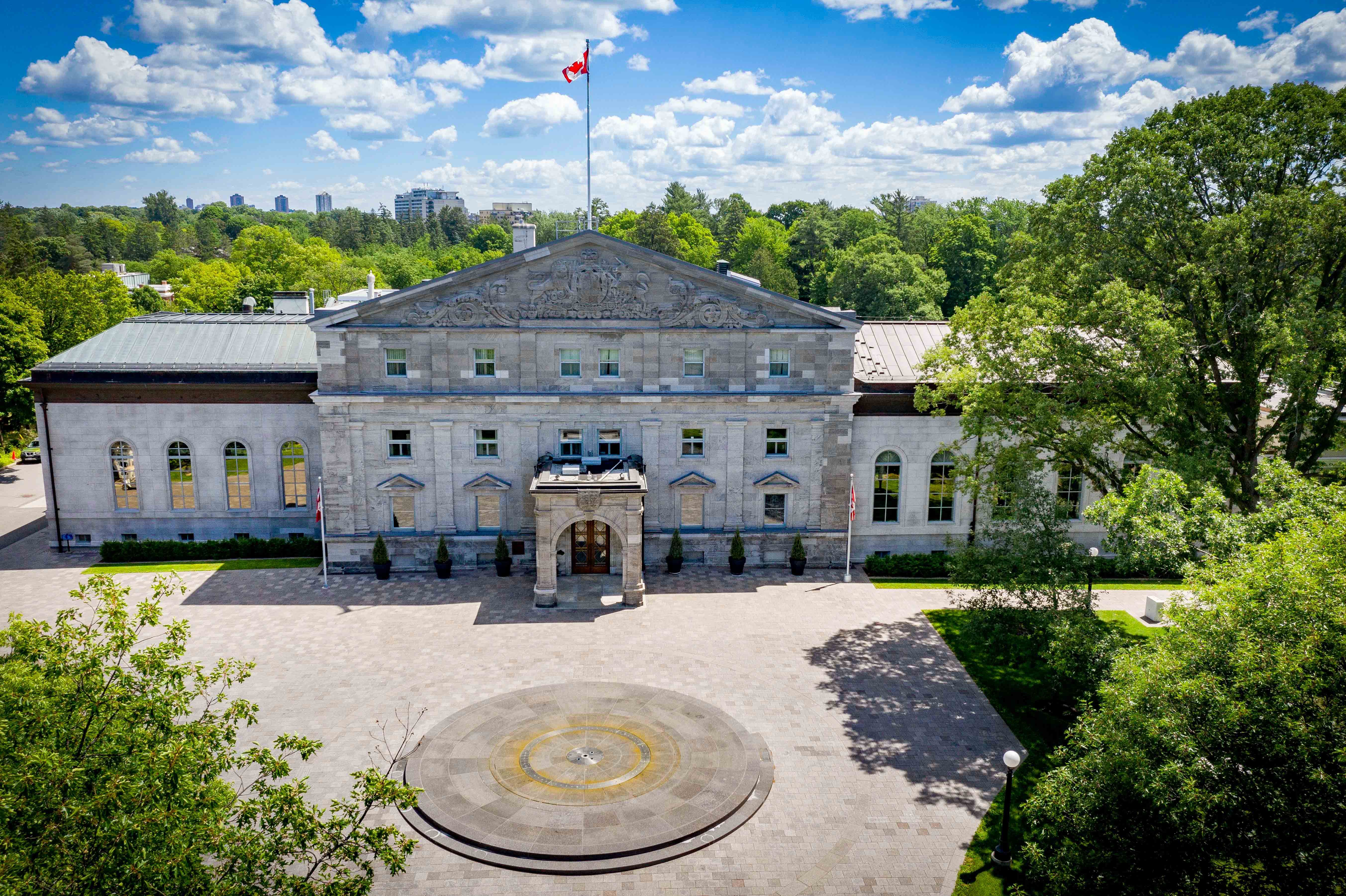 Rideau Hall facade from an arial point of view.