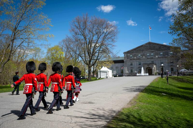 Members of the Governor General Foot Guards perform the Changing of the Guard during the Rideau Hall coronation event in Ottawa.