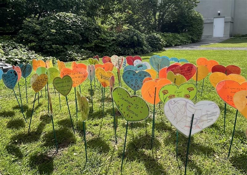 Des cœurs en carton avec des messages, collés sur des bâtons verts, tous placés dans l'herbe sur le terrain de Rideau Hall.