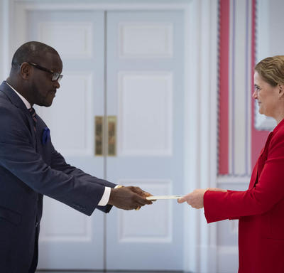 The Governor General receives letters of credence from the Ambassador-designate of the Republic of Liberia.