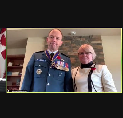 Split screen of Governor General Mary Simon and General Wayne Eyre and the Honours recipient – a man in uniform with a woman to his left.