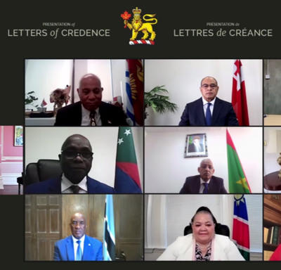 A multi-panel screen shot of Governor General Mary Simon and all nine new heads of mission.