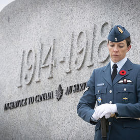 Un officier se tient solennellement près du monument pendant la cérémonie nationale du jour du Souvenir.