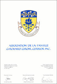Letters patent granting heraldic emblems to the Association de la famille Girouard, Giroir, Gerrior Inc.