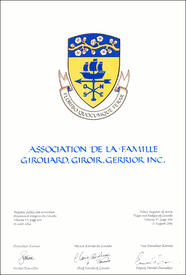 Lettres patentes concédant des emblèmes héraldiques à l'Association de la famille Girouard, Giroir, Gerrior Inc.