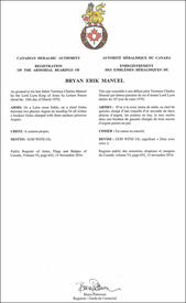 Letters patent registering the heraldic emblems of Bryan Erik Manuel