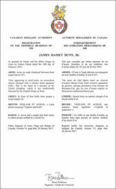 Letters patent registering the heraldic emblems of James Hamet Dunn