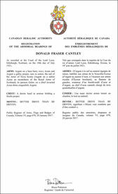 Lettres patentes enregistrant les emblèmes héraldiques de Donald Fraser Cantley