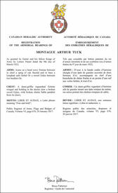 Lettres patentes enregistrant les emblèmes héraldiques de Montague Arthur Tuck
