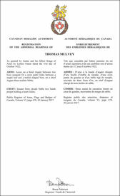 Lettres patentes enregistrant les emblèmes héraldiques de Thomas Mulvey