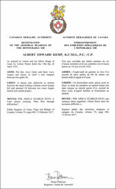 Lettres patentes enregistrant les emblèmes héraldiques d'Albert Edward Kemp
