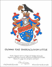 Letters patent granting heraldic emblems to Donna Rae Barraclough Little