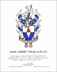 Letters patent granting heraldic emblems to  John Robert Walsh