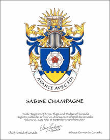 Letters patent granting heraldic emblems to Sabine Champagne