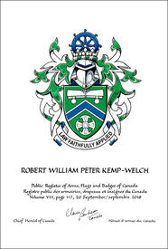 Letters patent granting heraldic emblems to Robert William Peter Kemp-Welch